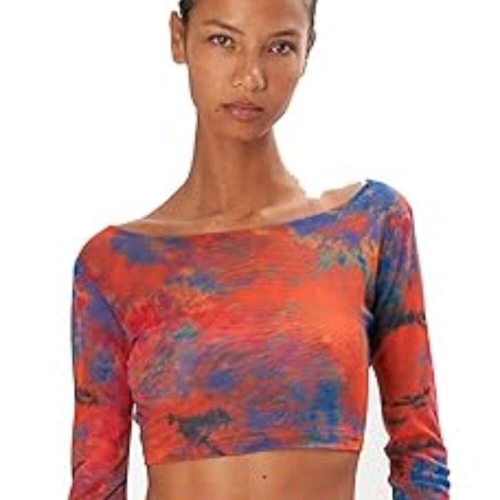 RONNY KOBO Vera Long Sleeve Mesh Crop Top in Orange Tie Dye Size Small New NWT